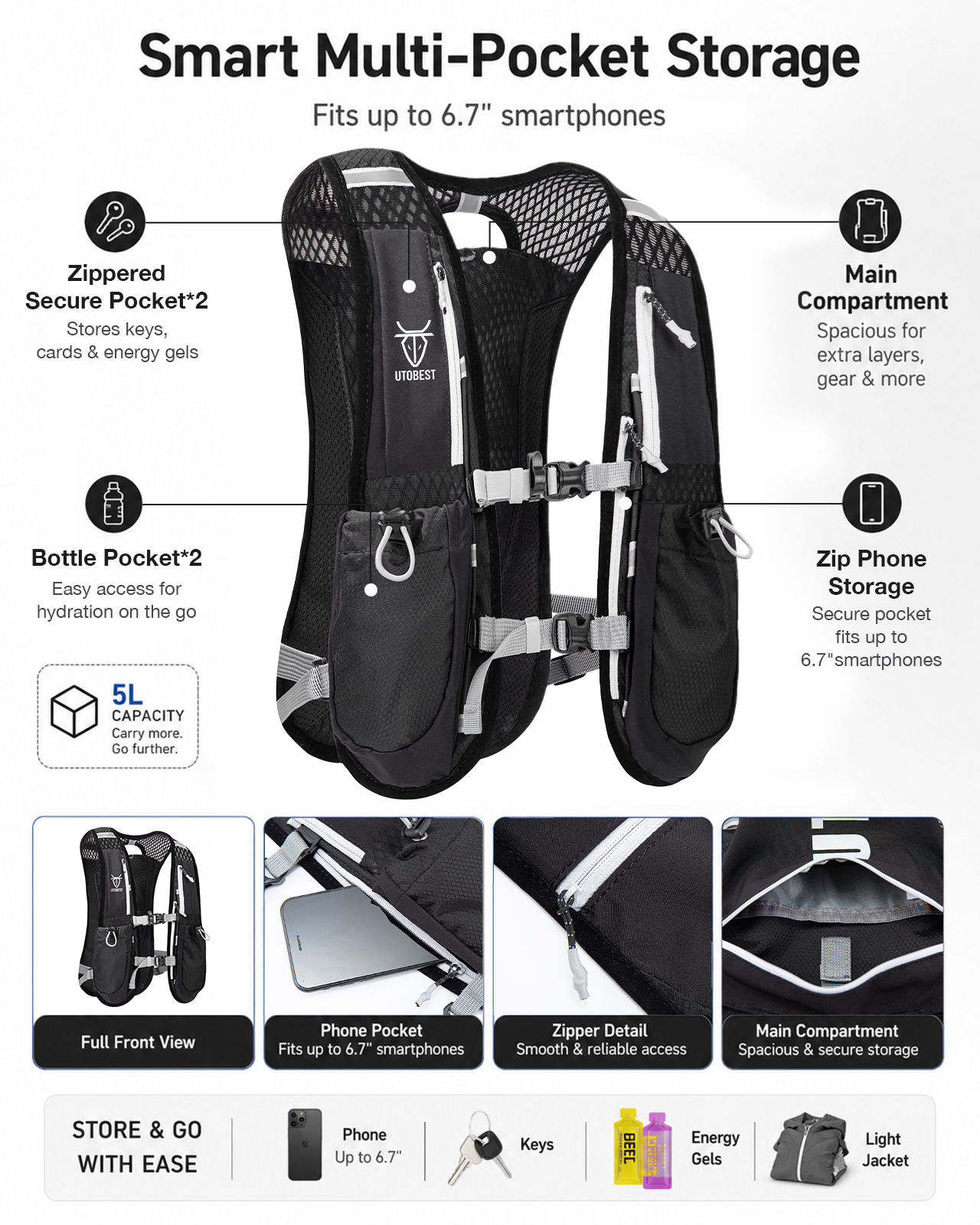 Utobest trailrunning rugzak 5l ultralichte hydratatievest ademende functionele rugzak voor marathons, fietsen en wandelen