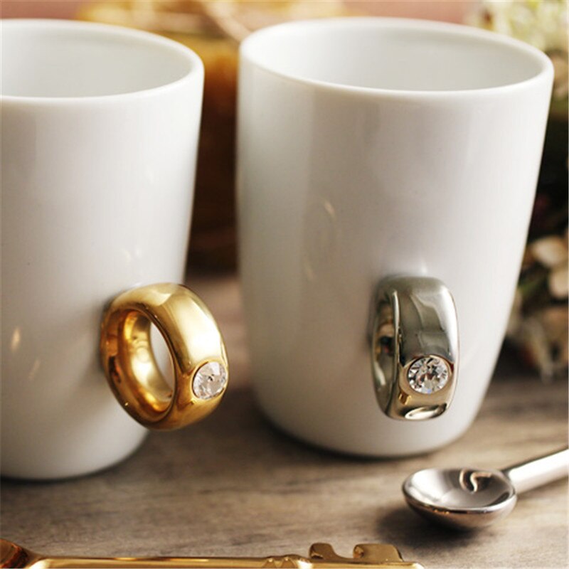 Bryllup elskere par tegneserie krystal diamant ring krus hvid keramik sød vand kaffe krus drinkware