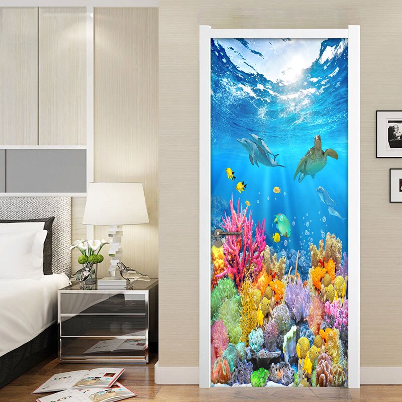 Door Sticker Self Adhesive HD Deep Ocean Fish Wallpaper Diy Prints Pictures Wall Art Home Decor 3D Mural Bathroom Door Decal
