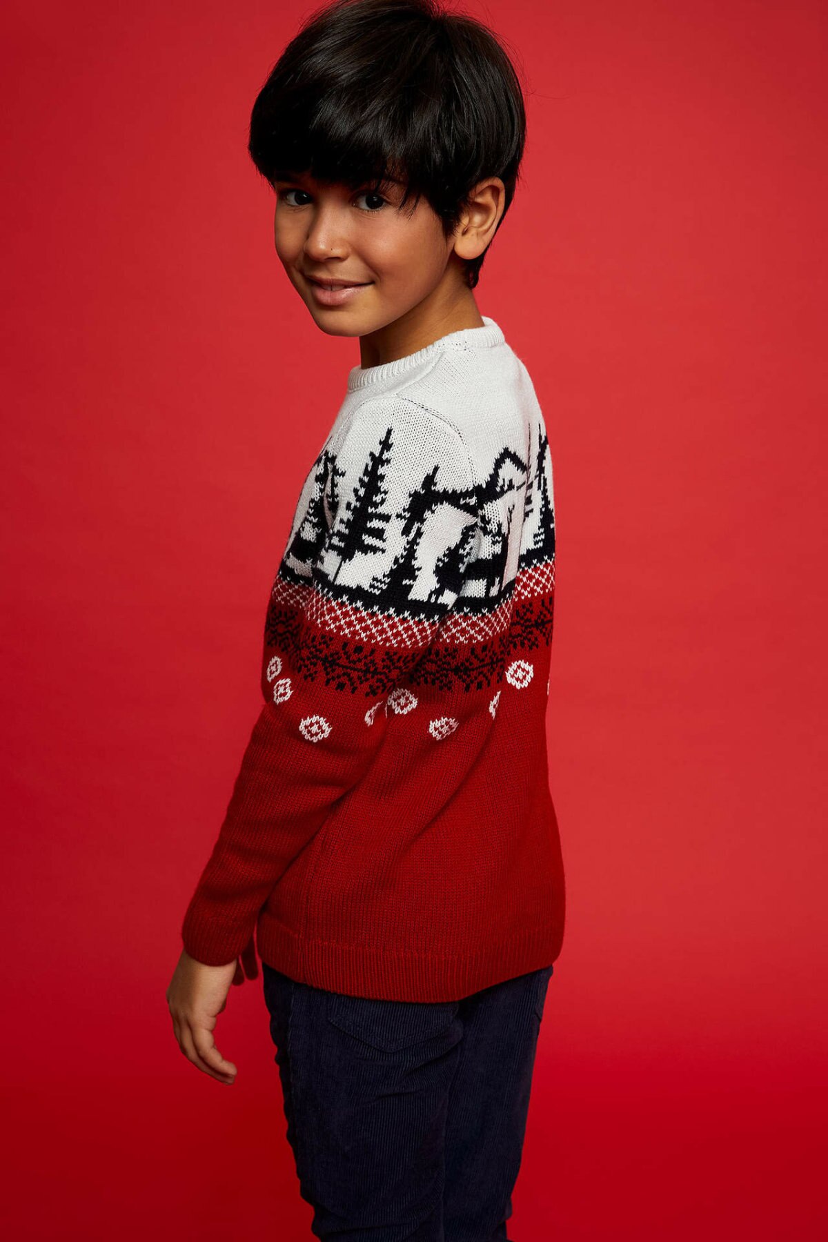 Defacto Jongen Winter Xmas Gebreide Rode Truien Jongens Toevallige Lange Mouw Trui Tops Kids Kerst Herten Print Pullover-L8432A619CW