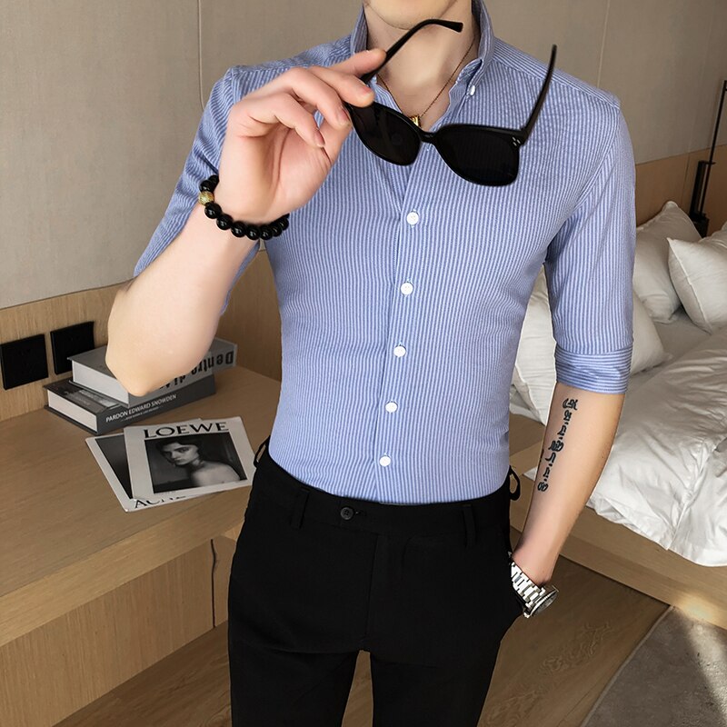 Smarte skjorter til mænd forår sommer klassisk business arbejdsskjorte herre halværmet slim fit afslappet bluse herretøj 3xl
