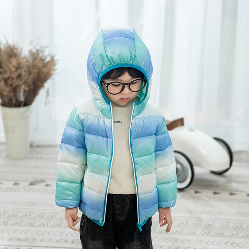 Kids Hooded Jassen Jongens Meisjes Winter Regenboog Kleuren Jas Baby Bovenkleding Voor Baby Warm Peuter Down Snowsuit 1-6years