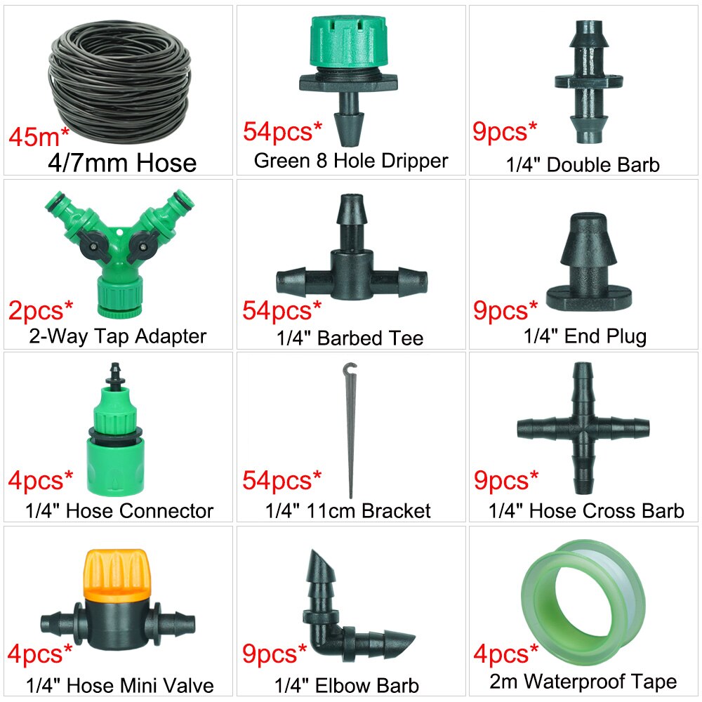 50M-5M 1/4'' Hose Micro Drip Irrigation System Garden Greenhouse Plant Watering Kit With Adjustable Drippers Sprinkler Emitter: 45 m