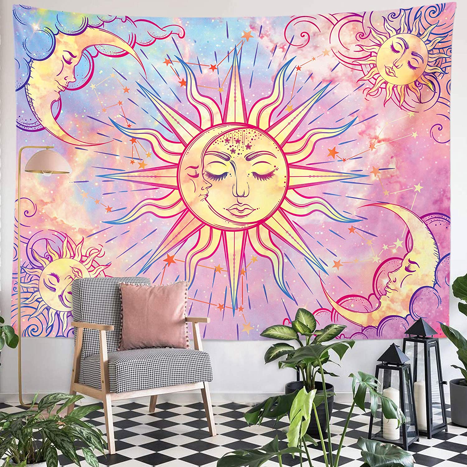 Pastel Pink Tapestry Mystic Celestial Sun and Moon with Stars Wall Hanging