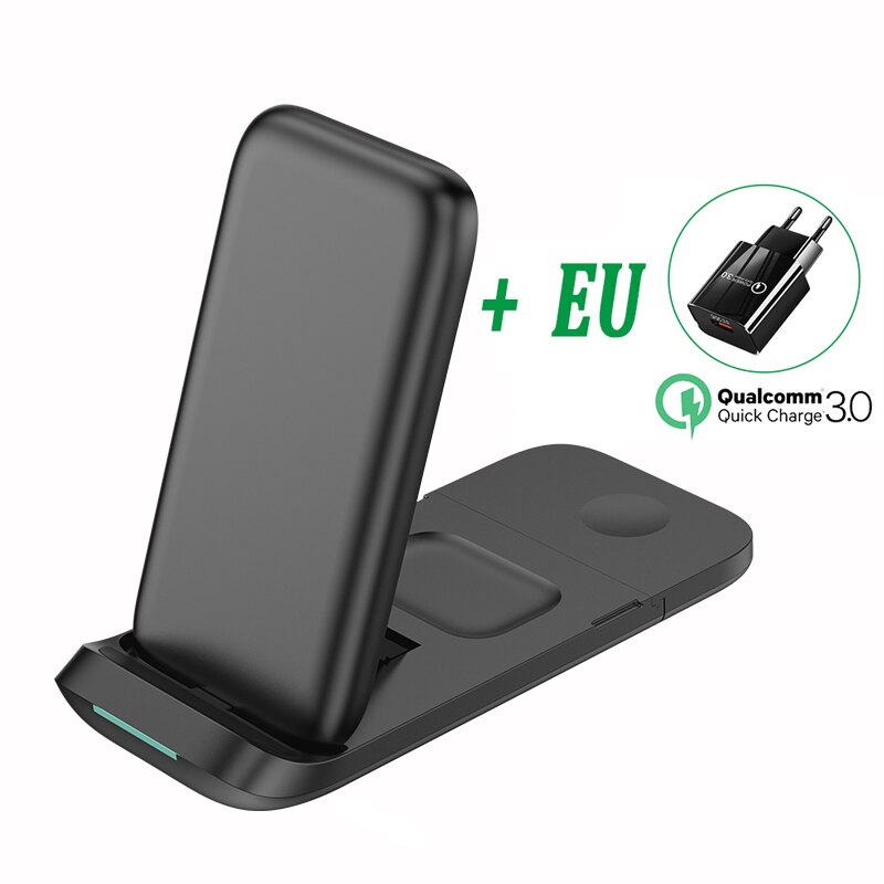 Chargeur sans fil pliable 30W 3 en 1, support pour iPhone 13 11 12 X Pro Max, chargeurs sans fil portables pour Apple Watch/AirPod 3: Black with EU Plug