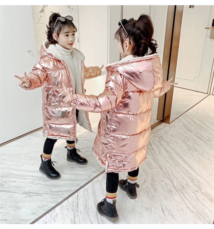Pink Gilding Fabric Glossy Long Jacket Winter for Girls Hooded Warm Glossy Down Cotton Boys Outerwear Children's Parkas Coats