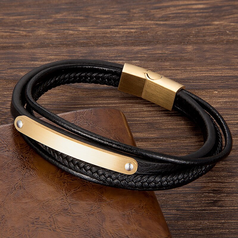 Bracelet For Men Stainless Steel Multi-layer Leather Rope Bangles Magnetic Clasp Charm Jewelry Man Accessories: Gold / 23cm