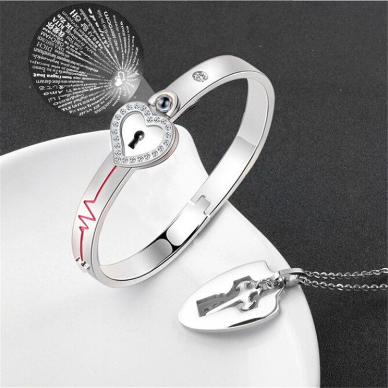 A Couple Lovers Jewelry Love Heart Lock Bracelet Stainless Steel Bracelets Bangles Key Pendant Necklace Jewelry: H