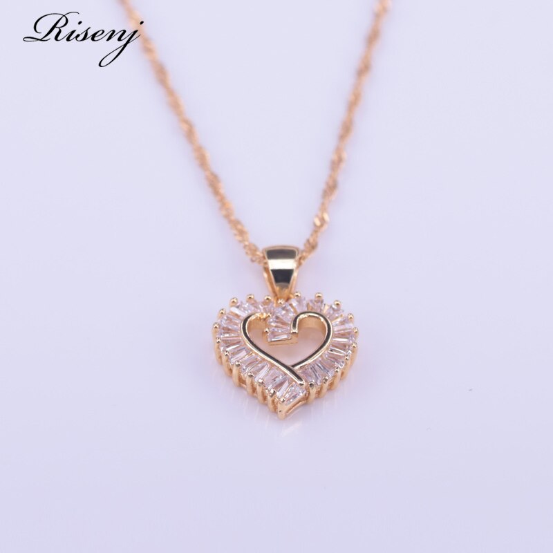 Risenj Heart Square Top Zircon 18k Gold Costume Jewelry Set For Women Earrings Necklace Ring Set Bridal Jewelry