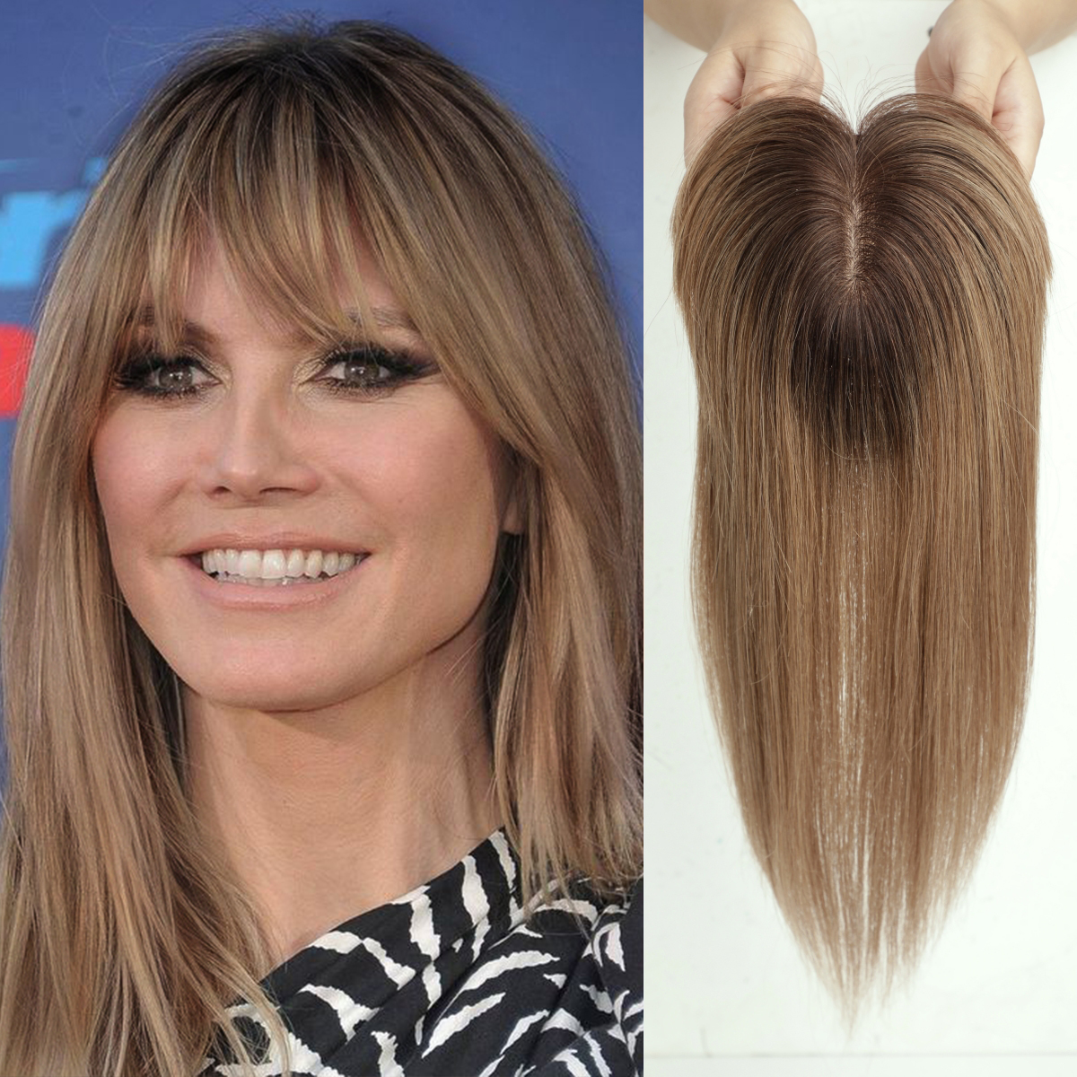 Ombre Braune Echthaar-Deckel-Perücken mit Pony, Seidenbasis-Clip-Stücke, 35,6 cm, gerade Deckel-Haare für Damen-Haarverlängerung: 8 zoll / 20R #