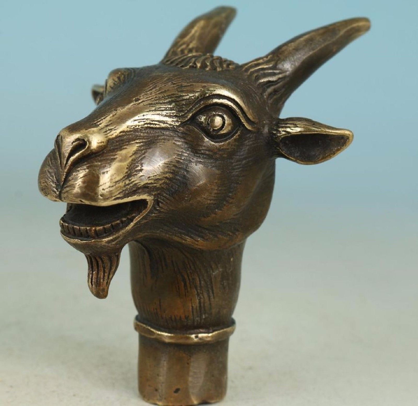 Collect Bronze Handmade Carving goat Head sheep head Cane Walking Stick Head Statue