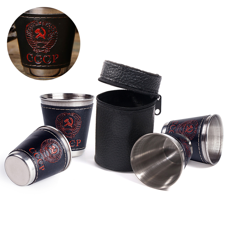 4 stks/partij 30ml Outdoor Camping Cups met Zwarte PU Leather Portable Rvs Servies Reizen Cup Set Whiskey Mokken