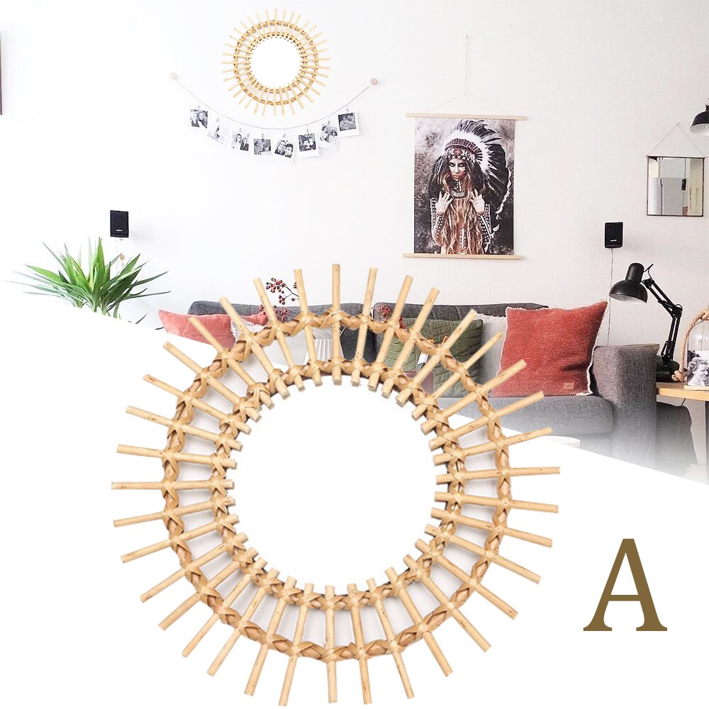 Espejo redondo de ratán para maquillaje, colgante de pared, nórdico, decoración artística innovadora: A