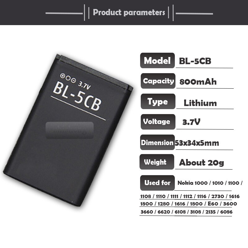 BL-5CB BL5CB Lithium Phone Battery For Nokia 3108 2135 6086 6108 6230 6820 7610 N72 N91 100 101 103 105 109 111 113 1000 1282