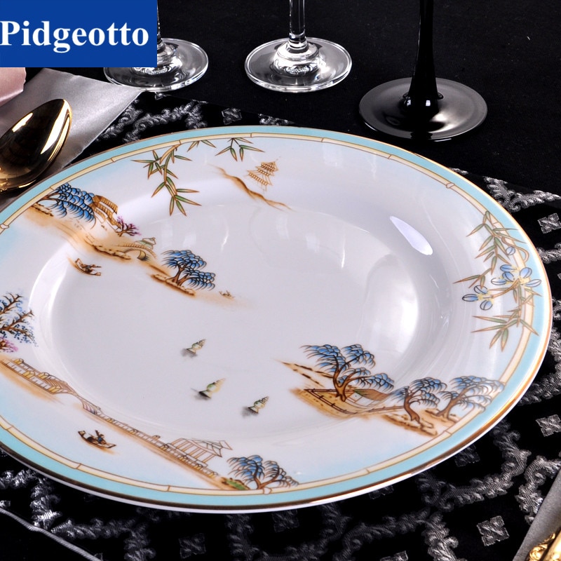 Chinese Style Porcelain Dinner Plates High-end West Lake Hotel Tableware Cutlery Set Decorative Flat Steak Plate