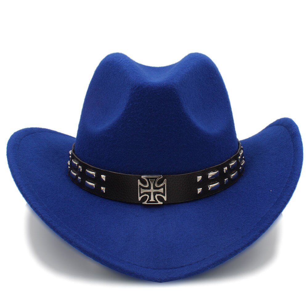 Kvinder uld western cowboy hat med roll-up brim kirke dame jazz hestesport sombrero hombre steampunk cap størrelse 56-58cm: Blå
