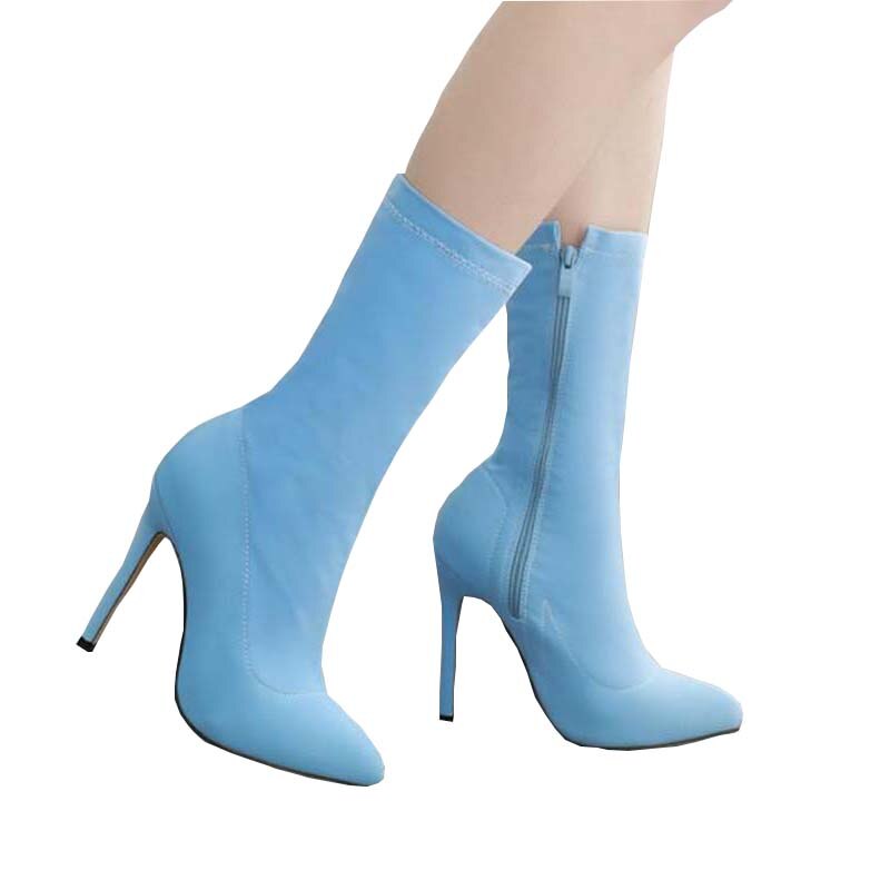 femmes Ankel bottes nouvelles femmes tissu élastique bottes couleur bonbon pointu bottes à talons hauts bleu ciel jaune chaussons chaussures