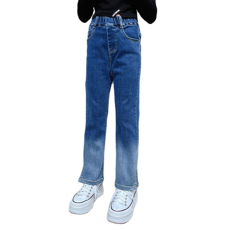 Pantalones vaqueros rectos para adolescentes, Jeans informales de cintura elástica, Color contrastante, azul, 10