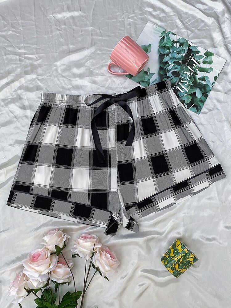 Fitshinling-pantalones cortos a cuadros para mujer, ropa de dormir suave e informal, con cordón, para el hogar, verano, 2022: XL