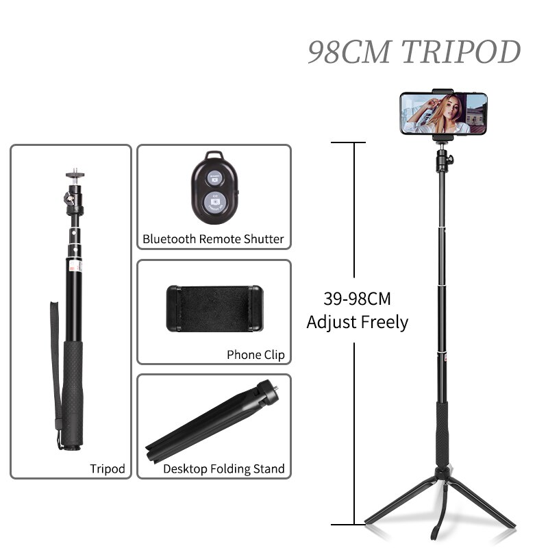 Stativ für smartphones, tragbarer selfie-stick für vlogs, ringlicht-selfie-stativ mit bluetooth-fernbedienung und halterung: 90cm und stativ