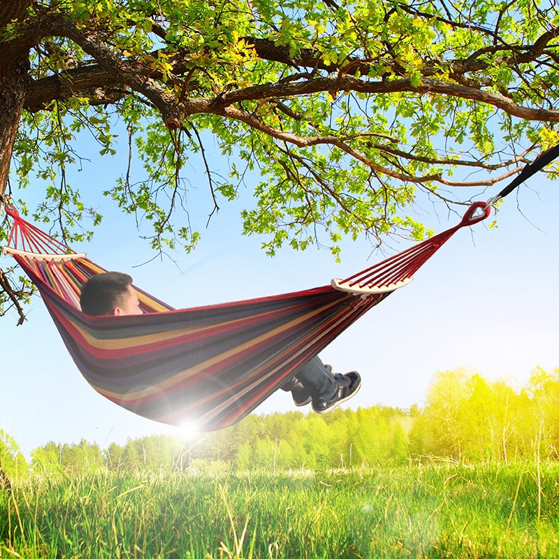 Podróż Hamak kempingowy kolorowy pasek płótno pojedyncze podwójne Hamaca Rede De Dormir Hamak krzesło obrotowe łóżko Hamak meble ogrodowe