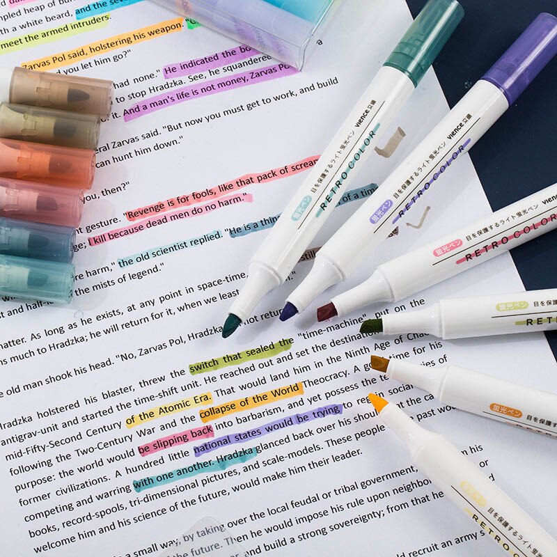 6Pcs/Set Fluorescent Colors Highlighter Pen Vintage Macaron Colors Marker Pen 6 Color Cute Graffiti Pen Stationery Supplies
