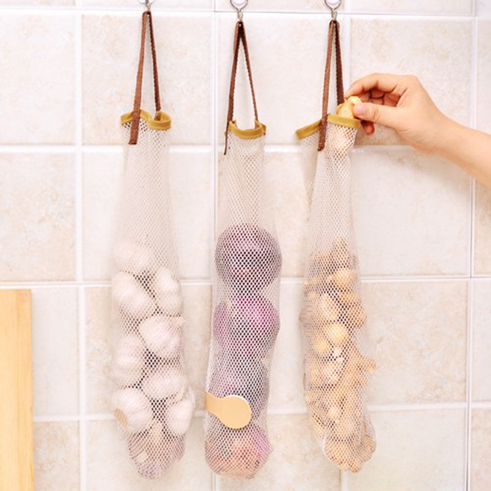 Genanvendeligt køkken frugt grøntsag hængende opbevaringsnetpose hvidløg løg arrangør