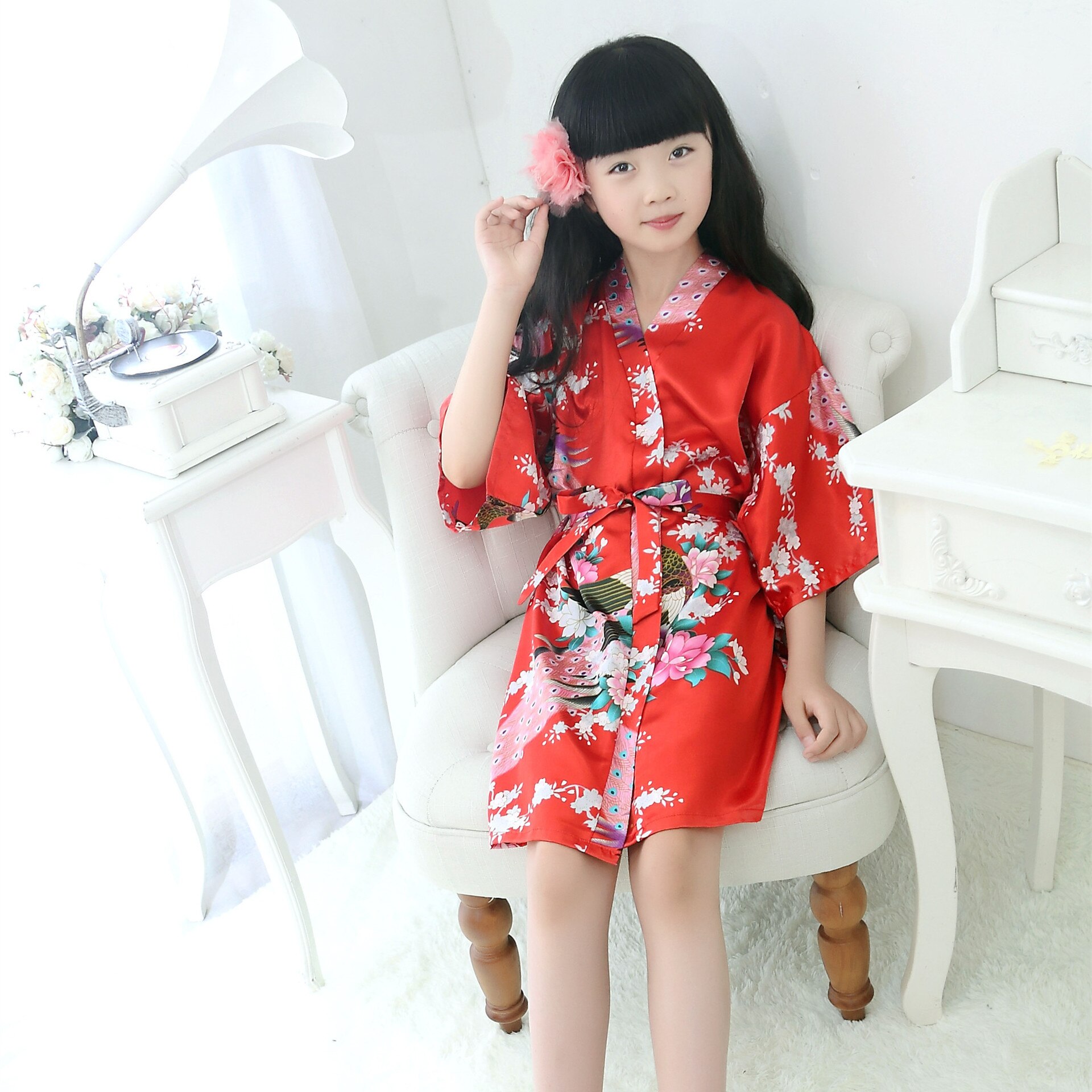Japansk kimono barn satin pyjamas siden barn påfågel skönhet nattlinne badrock bebis flicka pyjamas sovkläder 3-12 y: C / 6 y
