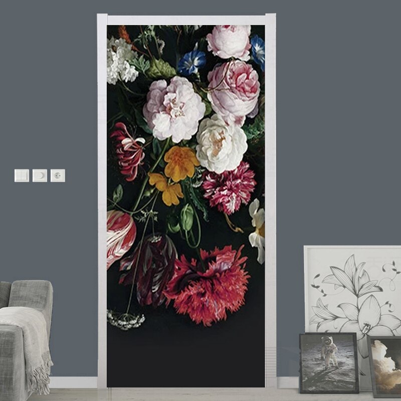 Europæisk stil retro blomster dør klistermærke 3d håndmalet vægmaleri tapet stue soveværelse væg klistermærke 3d mærkat hjem