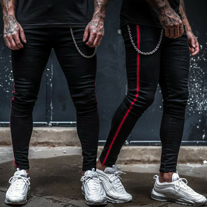 Mænd hipster joggers gym træning bane side farve stribe bukser skinny bukser skateboard bukser