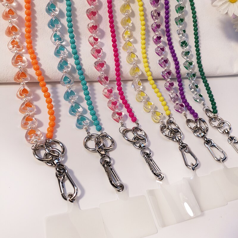 Love Crystal Beads Mobile Phone Lanyard Crossbody Lanyard with Universal Clip Phone Lanyard Chain Strap Wrist Rope Pendant