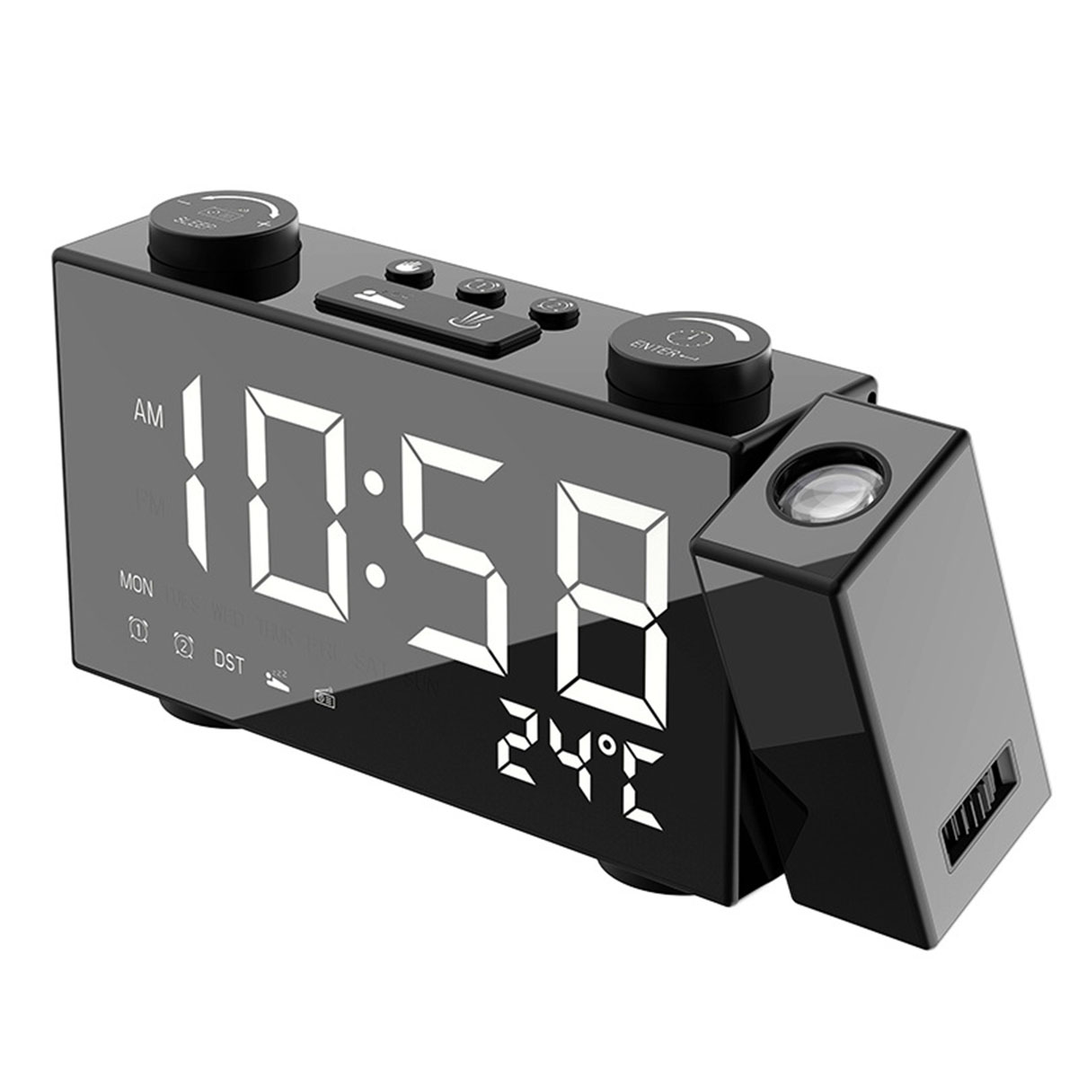 Digitale Projectie Wekker 2 Alarm Dimbare Klok FM Radio Thermometer Usb-poort Opladen Weer Kalender Tijd Projectie