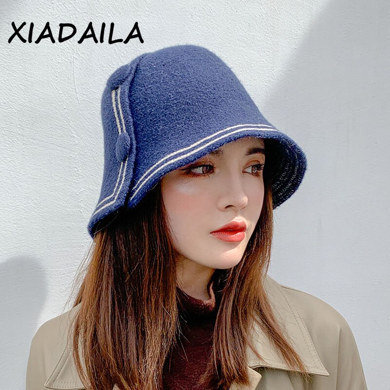 Chapéu de pescador feminino outono e inverno all-match bonito botão design moda aba larga bacia chapéu balde chapéu