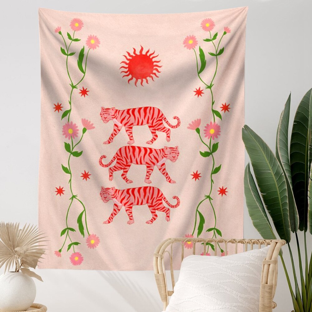 Tiger blomma gobeläng vägghängande för vardagsrum sovrum dekor rosa gobelänger flicka & #39 ;s rum sovsal dekoration väggduk
