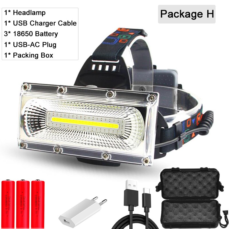 40000 lms cob led forlygte reparation lys hovedlampe usb genopladeligt vandtæt forlygte 18650 batteri fiskelys: Pakke h