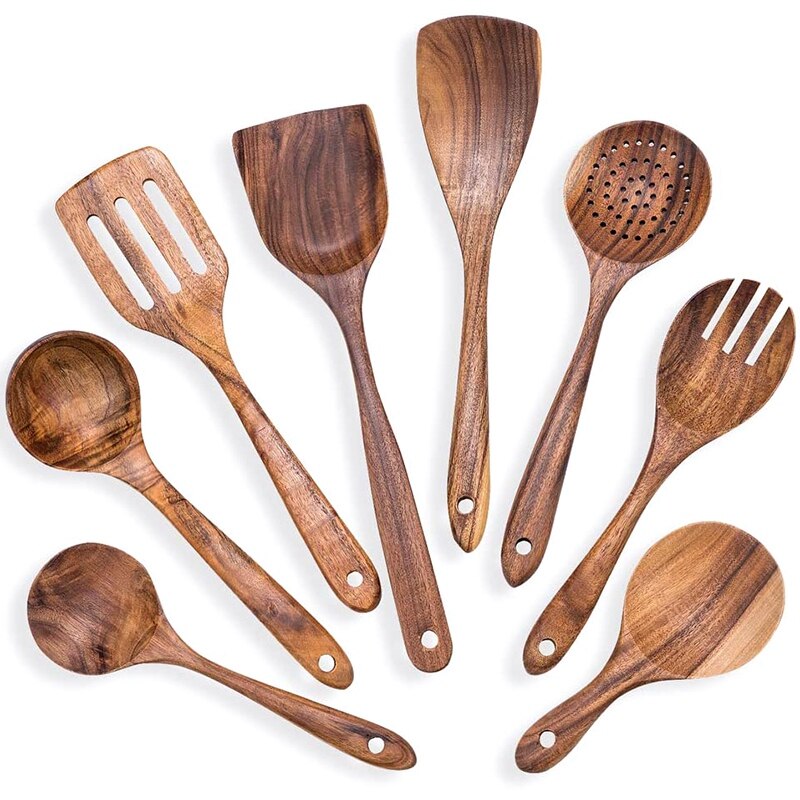 8 -delige kooklepelset van teakhout, kookgerei van hout, kookgerei, keukengerei en gadgets