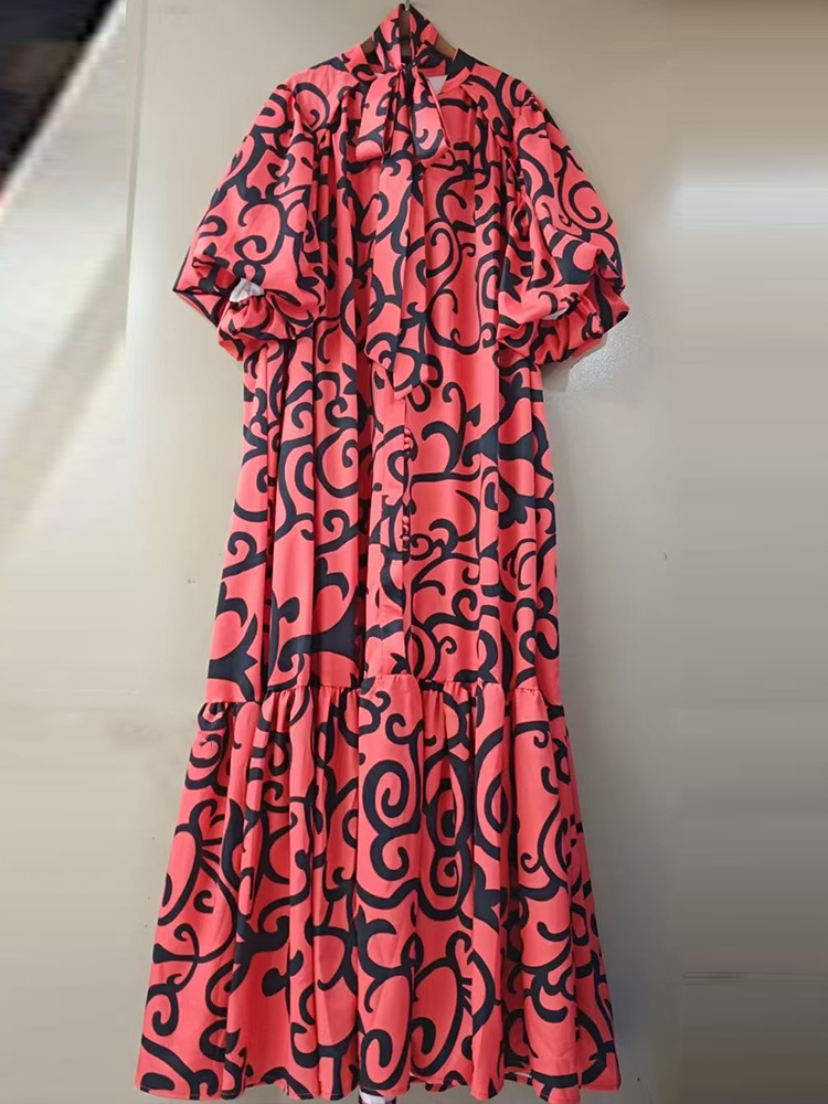 Vestido holgado informal con estampado geométrico de manga corta y burbuja de un solo pecho , vestido con cordones y temperamento para mujer de verano 2025: L / Mezcla de color
