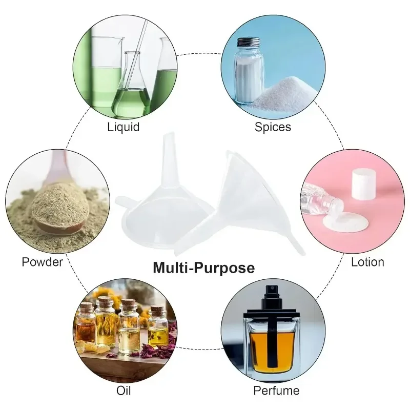 Mini embudos transparentes de plástico, embudos de aceite líquido de boca pequeña, dispensador de líquido cosmético, herramientas de llenado de botellas de laboratorio, 2/50 Uds.