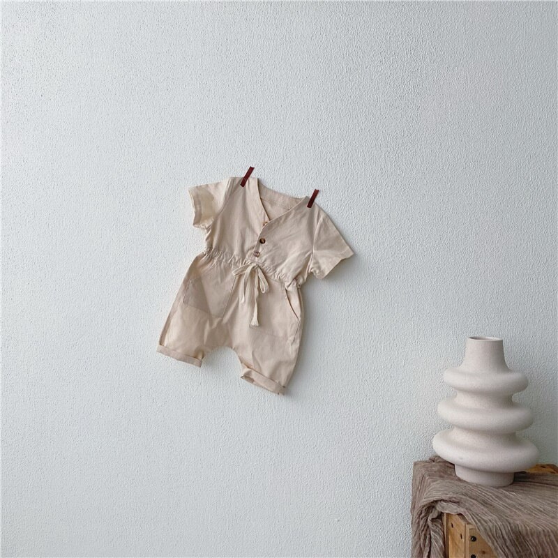 Koreaanse Baby Jongen Meisje Romper Cotton V-hals Korte Mouw Jumpsuit Pasgeboren Kleding 0-2T E100176: beige / 80cm 12-18M