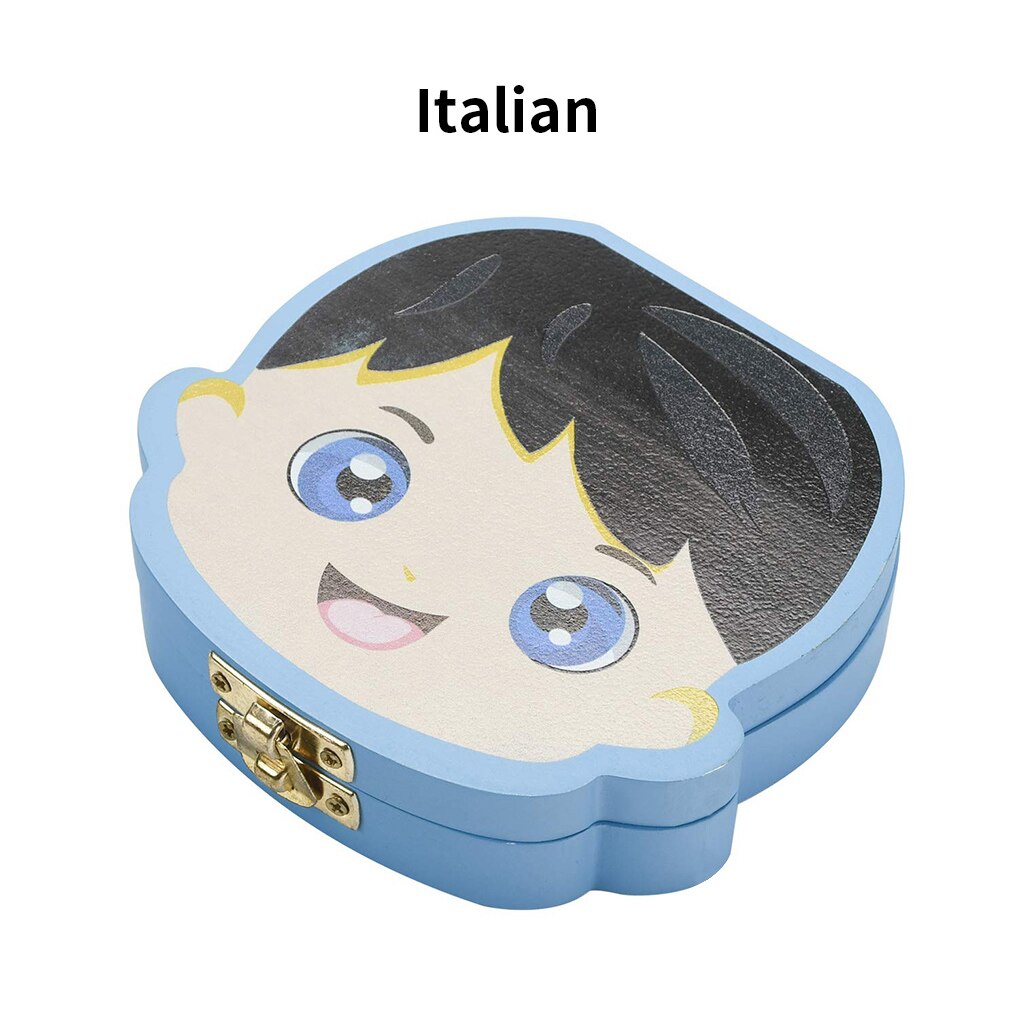 Baby Tooth Box English /Spanish /Portuguese/Russian Milk Teeth Organizer Storage Boys Girls Souvenir Tooth Organizer Box: Blue  Italian