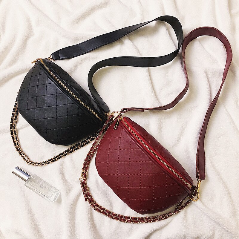 Vintage Ladies PU Leather Shoulder Bags Chains Waist Purse Plaid All-match Women's Chest Bags