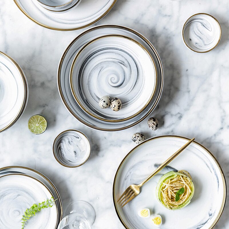 Dinner Plates Set Dishes Marble Steak Food Plate Salad Soup Bowl Dessert Cake Plate Dinnerware Set for Restaurant