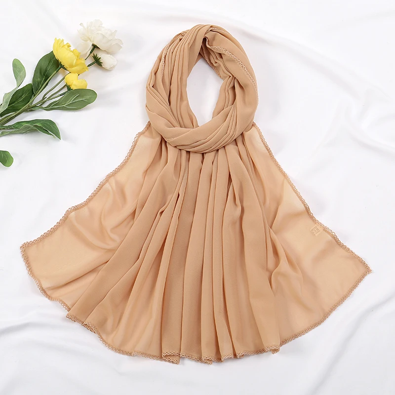 Premium Chiffon Hijab Sjaal Voor Vrouwen Tulband Sluier Kant Stiksel Sjaals Moslim Hijaabs Effen Kleur Vrouw Hoofddoek Sjaal Ramadan: Licht oliver