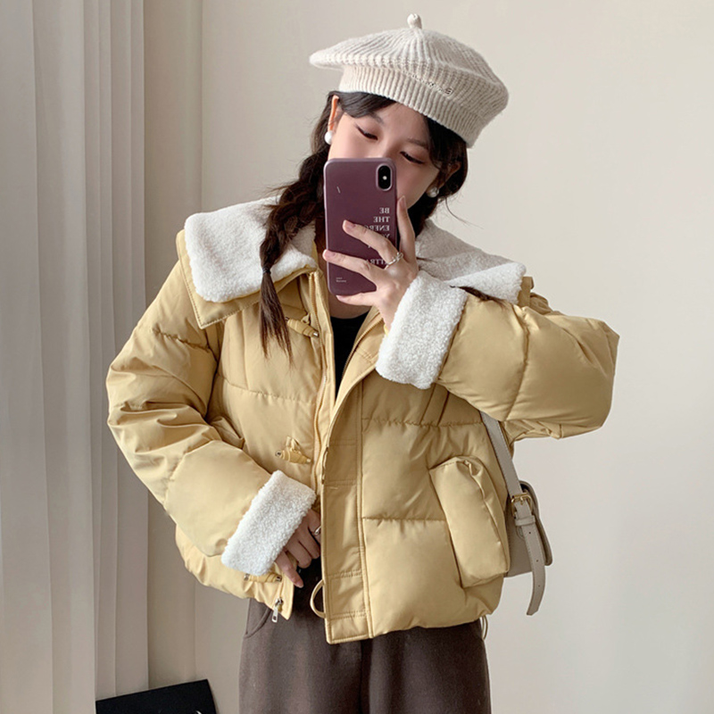 Chic Faux Lamb Wool Collar Parkas for Women Winter Mix Color Cotton Padded Jackets Woman Pockets Warm Parkas Female: XL / Yellow