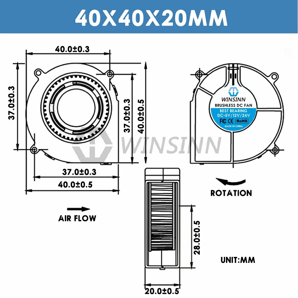 WINSINN 4020 40mm Blower Fan 5V 12V 24V Hydraulic / Dual Ball Bearing Brushless Cooling Turbine Turbo 40x20mm 2PIN [4-Pack]