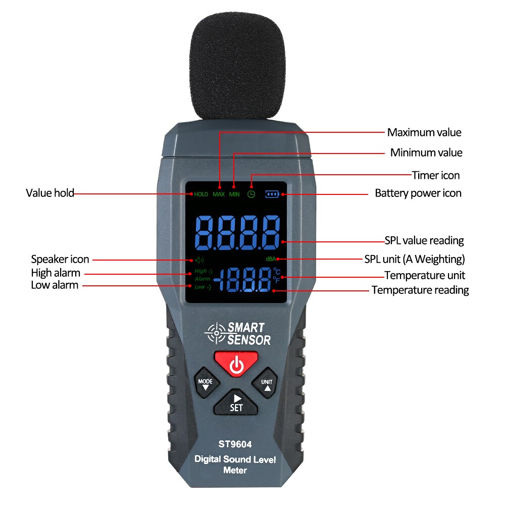 SMART SENSOR Mini Digital Sound Level Noise Meter Decibel Tester 30-130dBA ST9604 Metro Diagnose-Tool