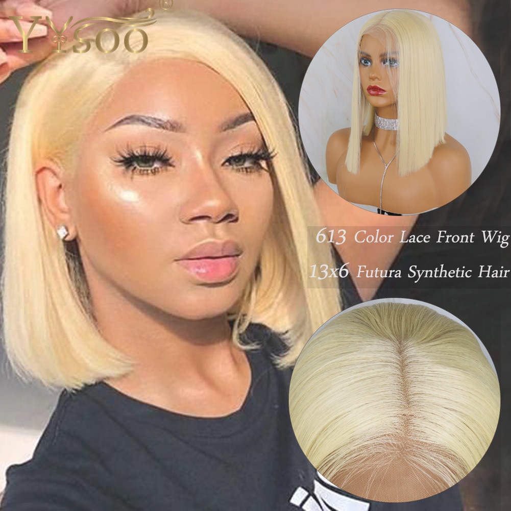 Yysoo 613 Blonde Color13x6 Korte Lijmloze Synthetische Lace Front Pruiken Voor Vrouwen Futura Straight Hittebestendige Bob Pruik Dagelijks Gebruik