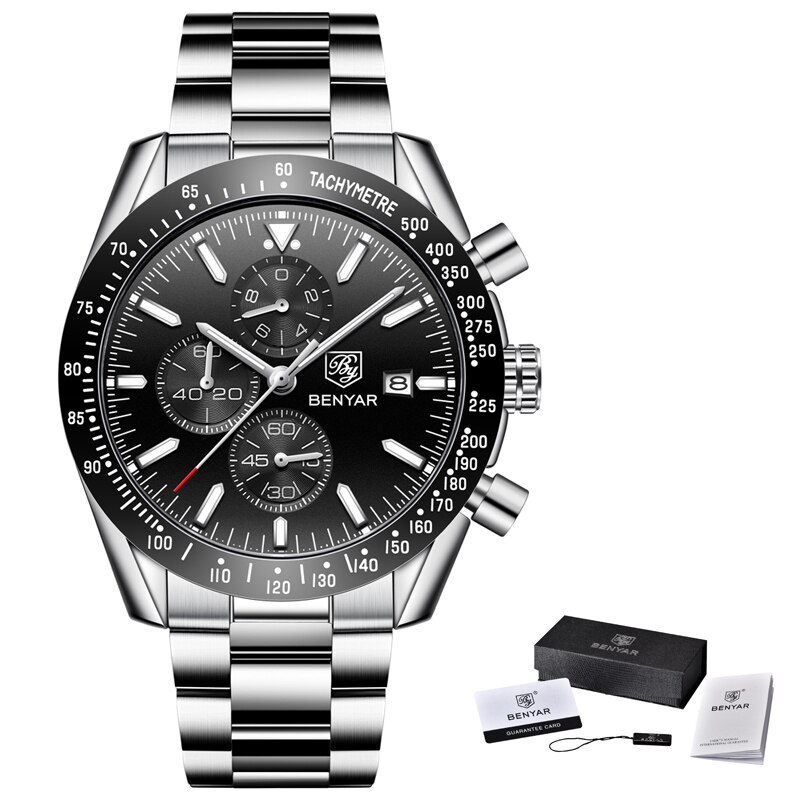 Reloj BENYAR para hombre, reloj de cuarzo de acero completo para negocios, reloj de de lujo informal resistente al agua para hombre, relojes deportivos masculinos con cronógrafo