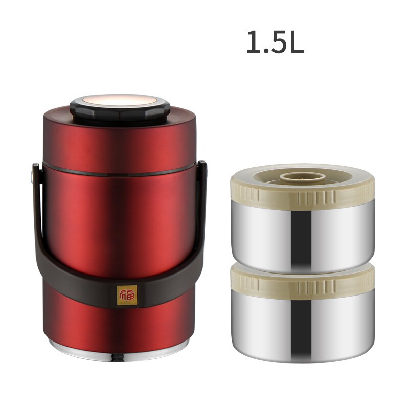 Portable Large Capacity 304 Stainless Steel Vacuum Insulation Bento Lunch Box Leak-Proof Food Storage Container Outdoor Thermos: Red-1.5L