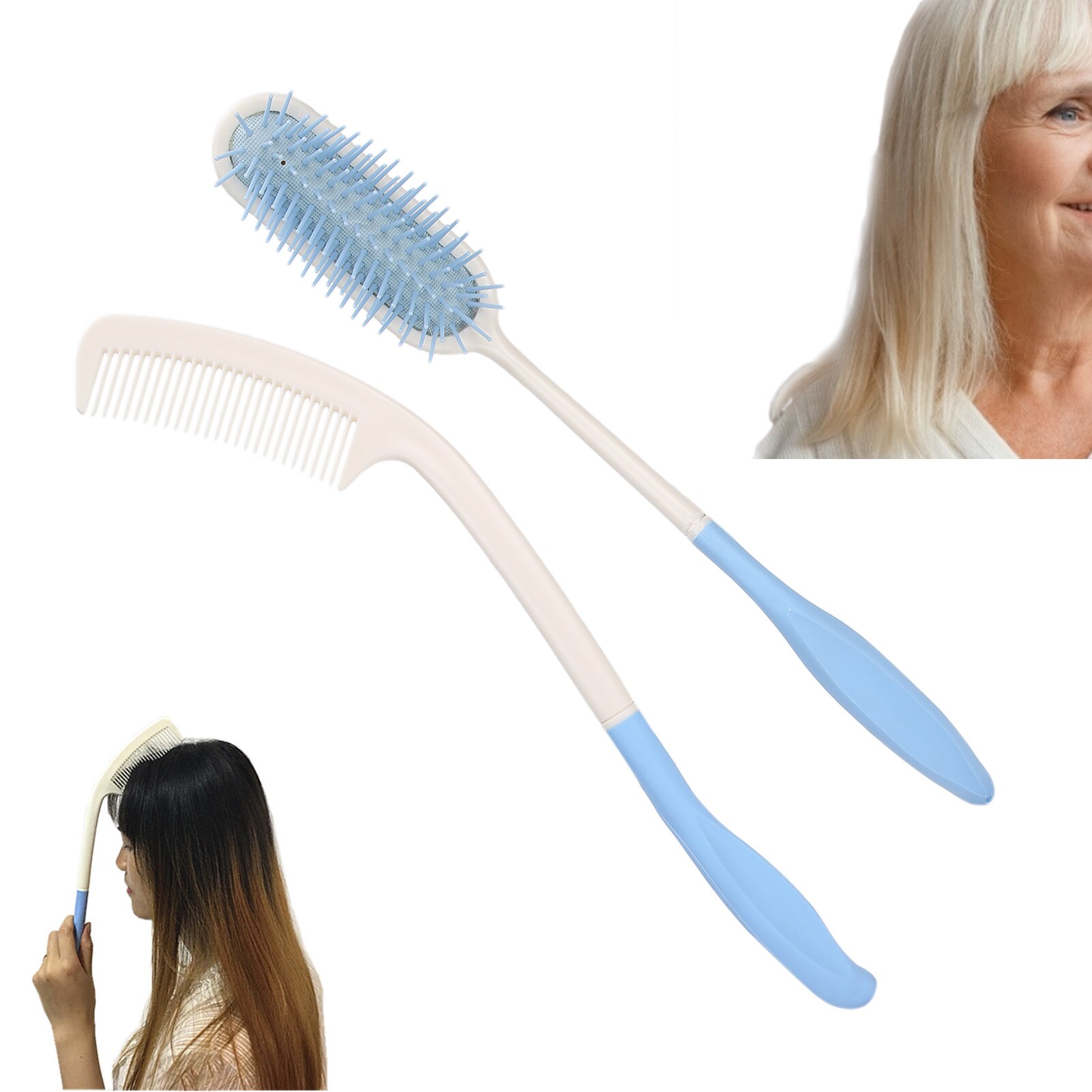 2pcs Dressing Aids Extra Long Hair Brush Elderly Long Handled Comb Air Cushion Hairbrush for Disabled Putting On And Taking